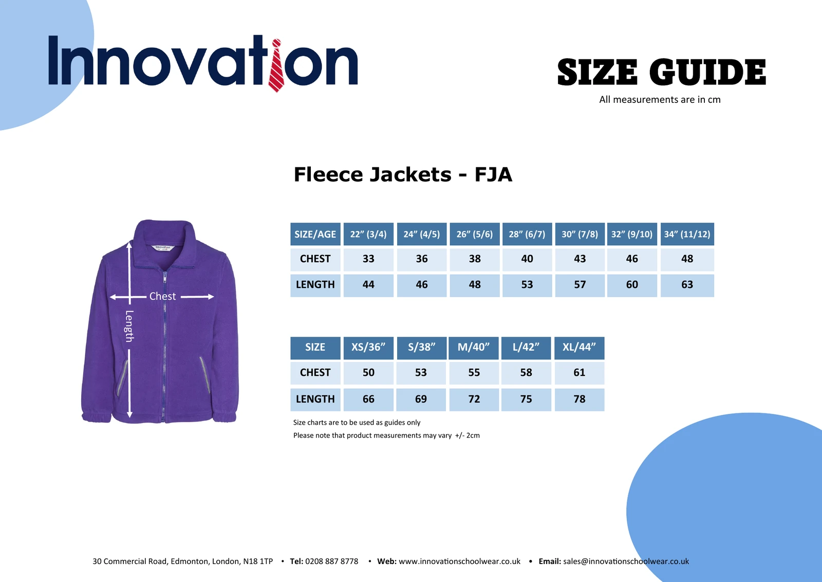 Supplier size guide for fleece jackets