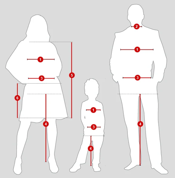 Diagram showing where to take chest, collar, waist, inside-leg, dress and skirt-length measurements