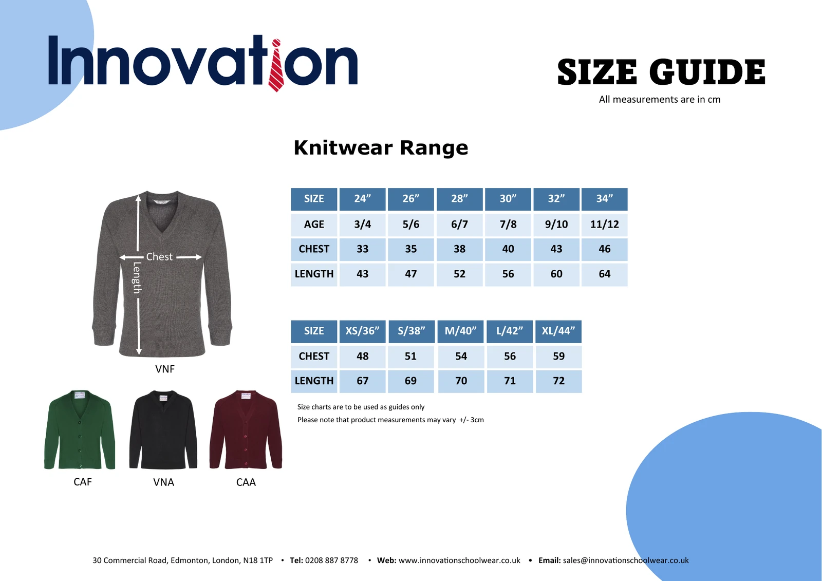 Supplier size guide for knitwear