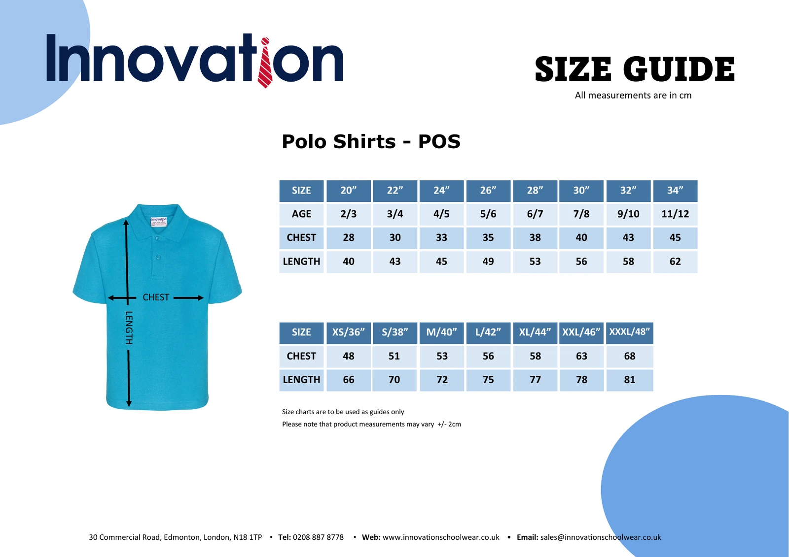 Supplier size guide for polo shirts