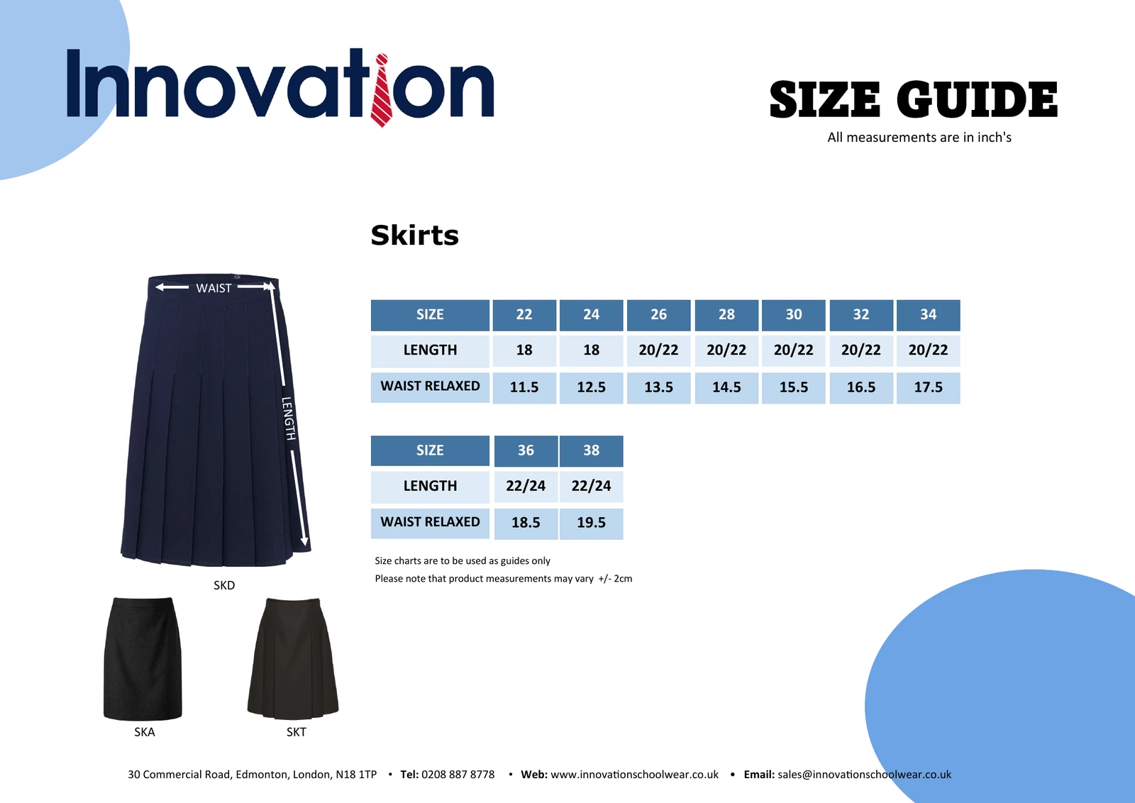 Supplier size guide for skirts