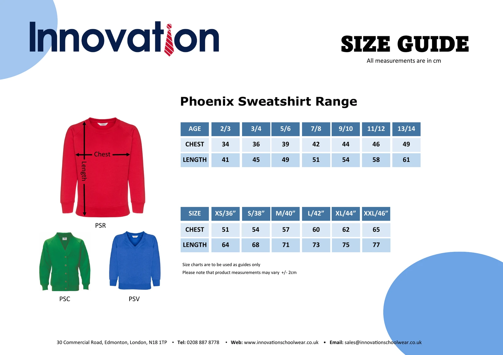 Supplier size guide for sweatshirts and cardigans