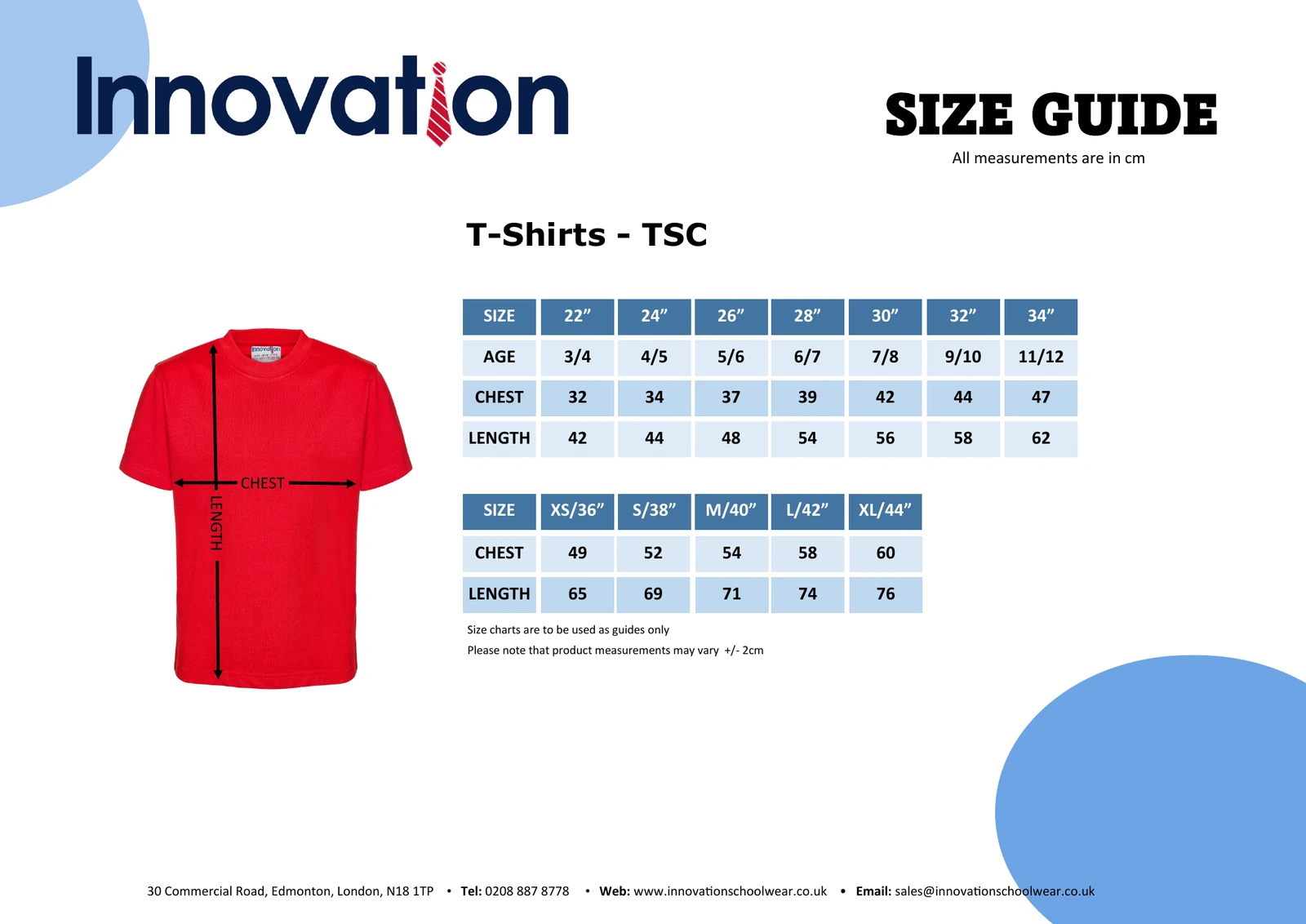 Supplier size guide for T-shirts