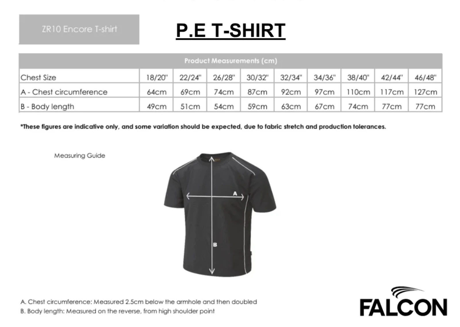 Falcon supplier size guide for the TPS PE T-shirt